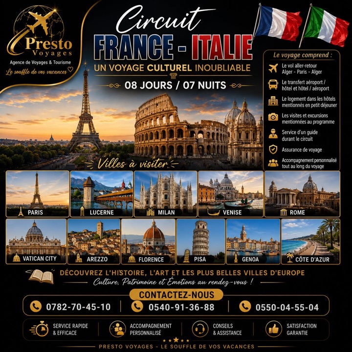 Affiche Presto Voyages « Circuit France – Italie, 08 jours / 07 nuits » : Paris, Lucerne, Milan, Venise, Rome, Vatican, Arezzo, Florence, Pise, Gênes et Côte d’Azur