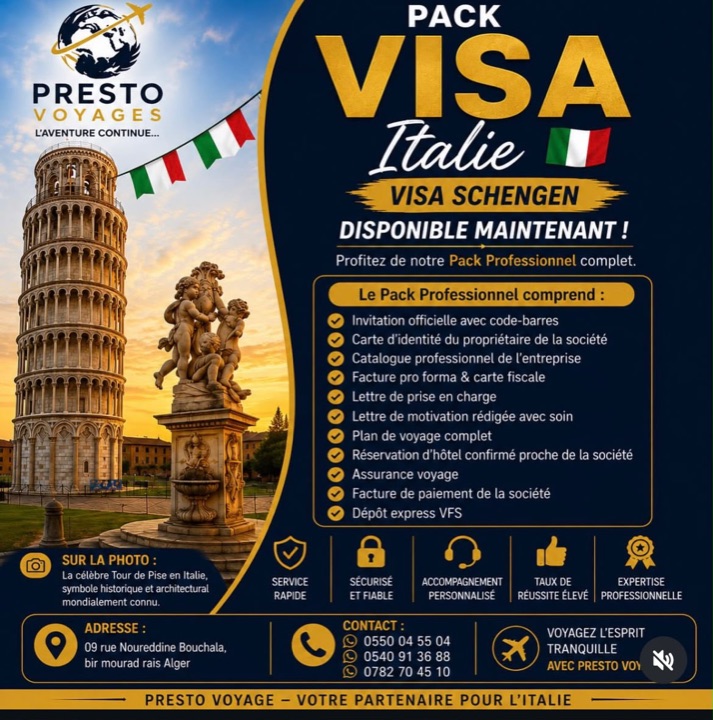 Affiche Presto Voyages « Pack Visa Italie – Visa Schengen, disponible maintenant » : Pack Professionnel avec invitation officielle, documents de la société, lettre de motivation, plan de voyage, réservation d’hôtel, assurance voyage et dépôt express VFS